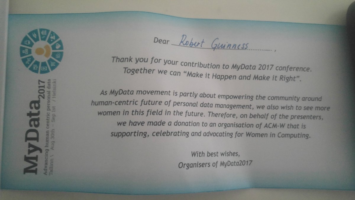 RobGuinness's tweet image. Thank you #MyDataCrew for your donation to #ACM-W Women in Computing! An honor to speak at #MyData2017!