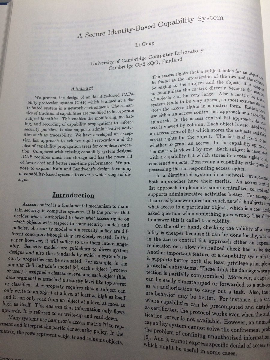TomSear's tweet photo. .@ligongsv early (&amp;award winning?) paper @IEEEUSA symposium on Security and Privacy 1989 #Cybersecurity https://t.co/Bor5ZkLkXb