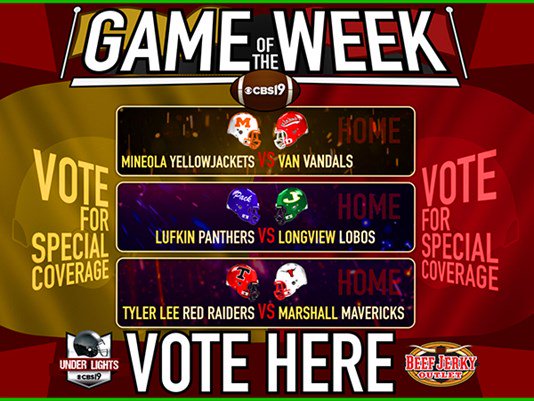 KeithLeventhal's tweet photo. It's the last 24 hrs to vote for Game of the Week.

Will it be:
Mineola/Van
Lufkin/Longview
Lee/Marshall

Vote here:
https://t.co/jwDBjMicF0 https://t.co/caLMuP1T8Z