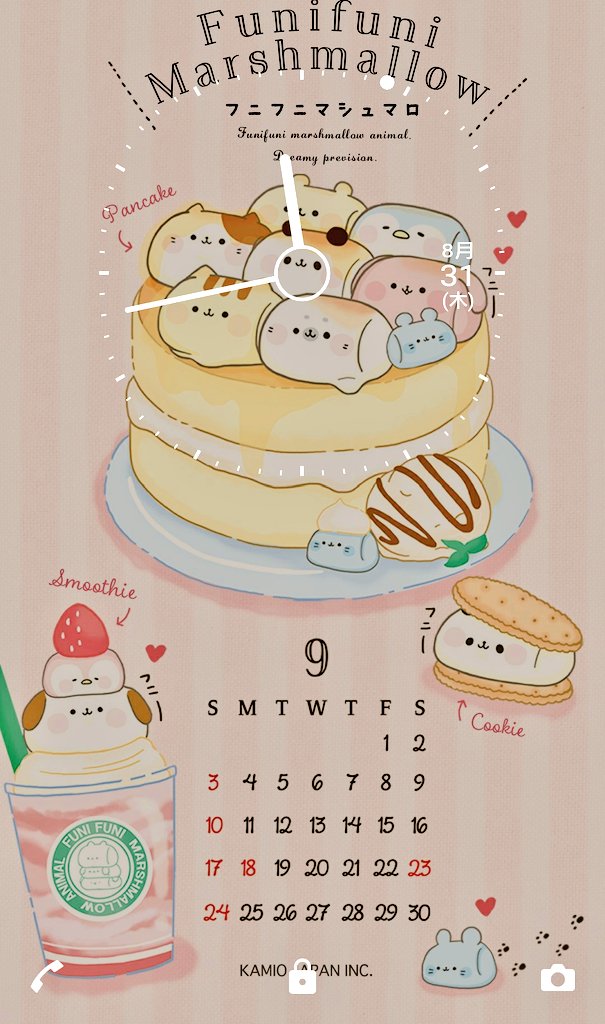 株式会社カミオジャパン Oo 恒例のスマホサイズの壁紙カレンダーはこんな感じ ロック画面で暗めですが実際はもっと明るいですよ アナログ時計に表示変えたら アニマルたちがすっぽり入って可愛かった フニフニマシュマロ T