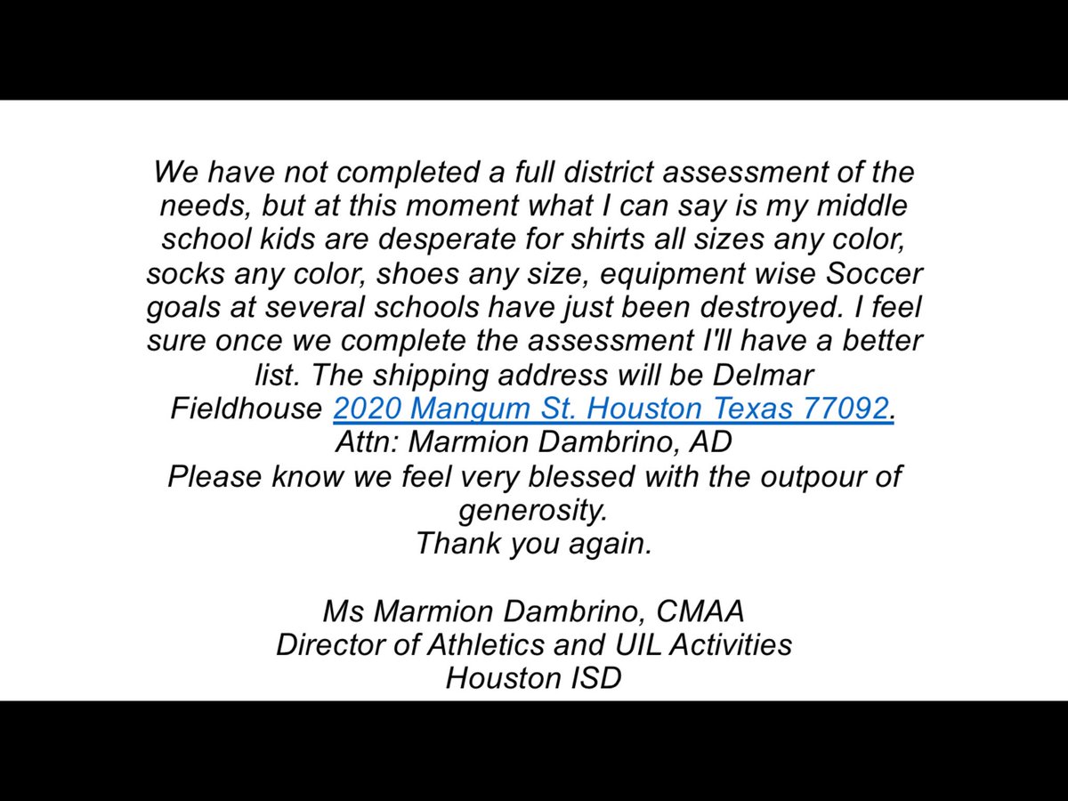 CoachOzee's tweet image. Below is an email exchange between HISD AD &amp;amp; I today. Let's take care of the middle schoolers!Please send a pair of socks, tshirts, etc. TY