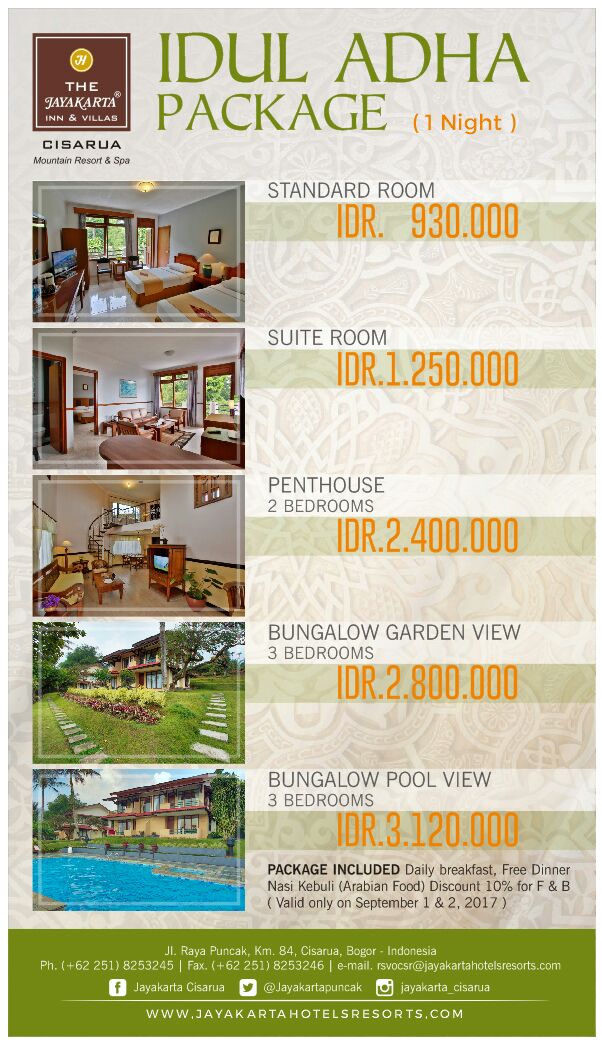 JayakartaIND's tweet photo. Idul Adha Package @JayakartaPuncak
Starts from IDR.930.000/night
Valid on 1st &amp; 2nd Sept
Include : Breakfast &amp; 1x Dinner Nasi Kebuli https://t.co/BaUk40TCFh