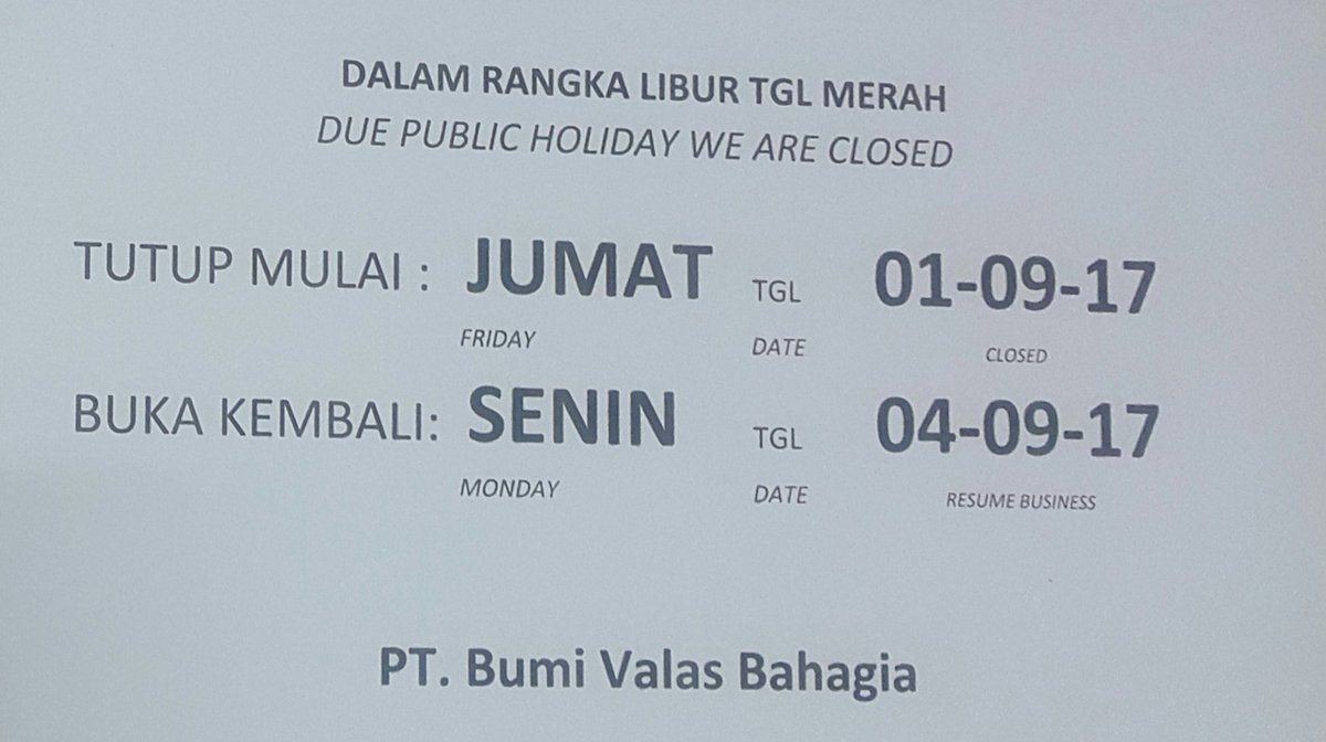 bumivalas's tweet photo. Dalam rangka memperingati Hari Raya Idul Adha maka @bumivalas  tutup pada hari Jumat, 1-09- 2017 dan buka kembali pada hari Senin, 4-9-2017. https://t.co/lo4O6tIy0I