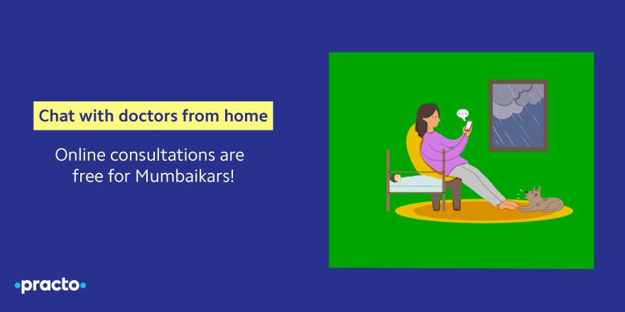 Practo's tweet image. Take care Mumbai. Now all online consultations on Practo are free for Mumbaikars! bit.ly/2wkjWVD #MumbaiRains