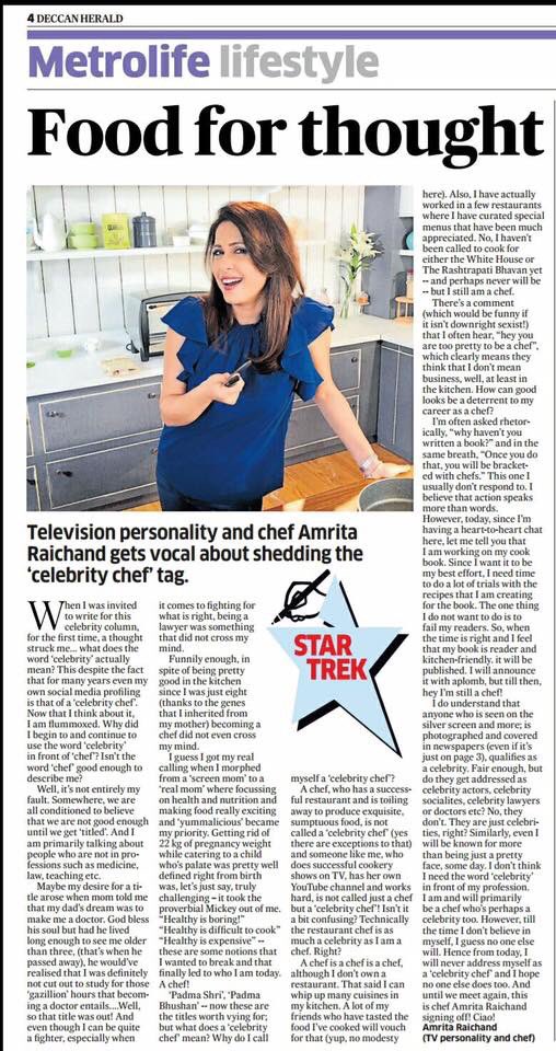 amritaraichand's tweet photo. "Celebrity Chef" what's that?😅my article on this subject for @DeccanHerald @dh_metrolife #guestcolumnist will write once every month!Enjoy!😊 https://t.co/Jg1YfqAd5T