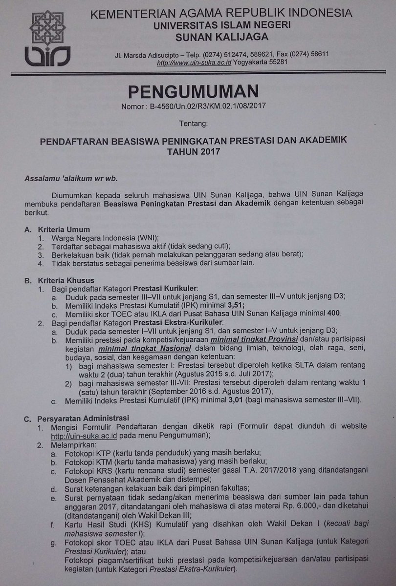 UINSK's tweet photo. #pengumumanAkademik Penawaran Beasiswa Peningkatan Prestasi dan Akademik 2017
info detail di link berikut https://t.co/V844eM1DnT https://t.co/6VHvcrV6rV