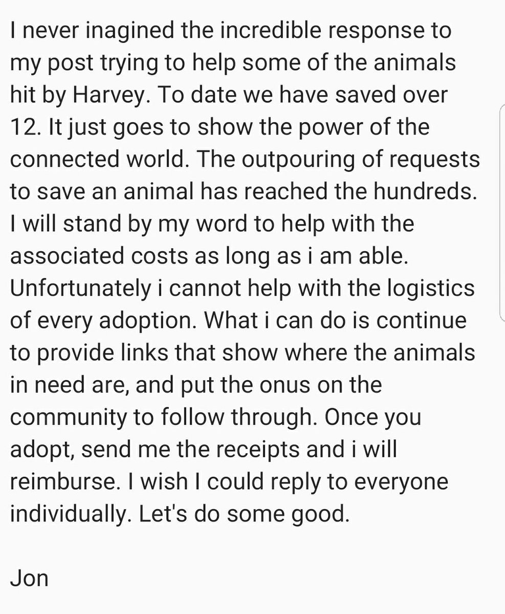 Jon4Lakers's tweet photo. The outpouring of love to help save animals hit by Harvey has been amazing. I wish I could reply to everyone. I hope this update helps. RT! https://t.co/OacNBwVK26