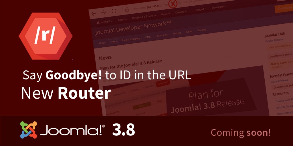 joomla's tweet image. Discover #Joomla 3.8!
A New Routing #System to better control your #URL structure &amp;amp; remove IDs
Learn more at developer.joomla.org