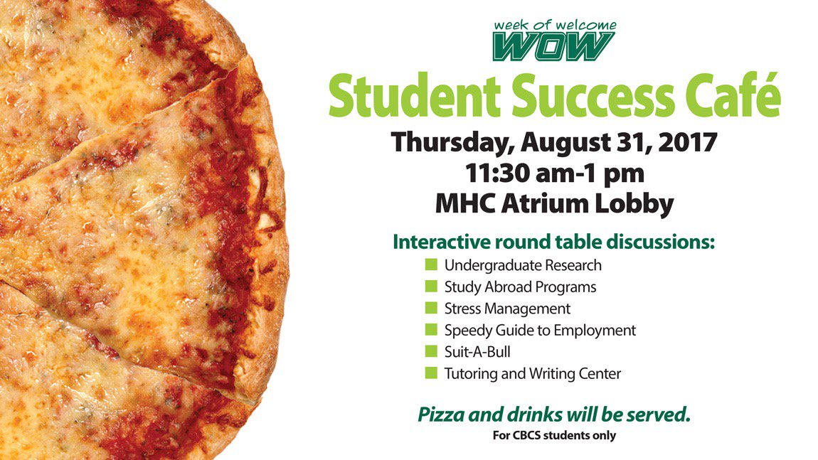 USFCBCS's tweet photo. CBCS Students! Stop by the MHC Atrium today for the Student Success Cafe AND free pizza! #USFCBCS #GoBulls https://t.co/H2I3UH9uxL