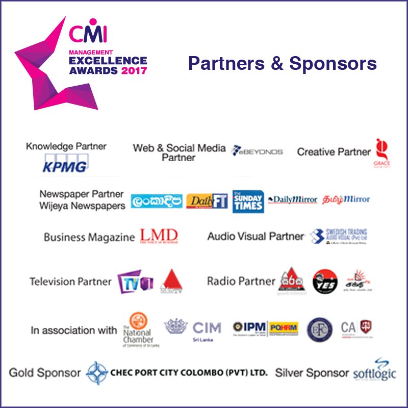CMI_SL's tweet photo. We are proud to introduce the official sponsors and partners for #CMI Management Excellence Awards #SriLanka #CMIMEA2017 https://t.co/ugKRL7S4bS