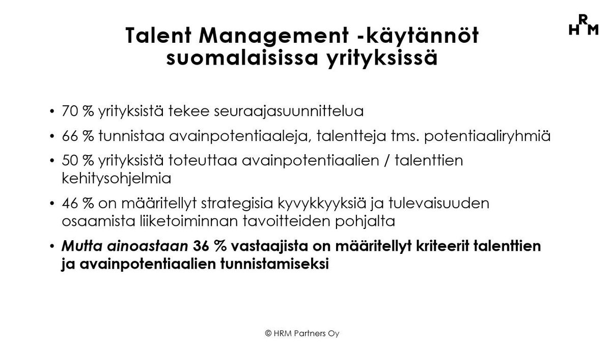 HRMPartners's tweet photo. Tutkimuksemme mukaan Talent Management käytännöt ovat kehittymässä Suomessa entistä strategisempaan suuntaan #talentmanagent #strategia https://t.co/2aN43sw2Mu