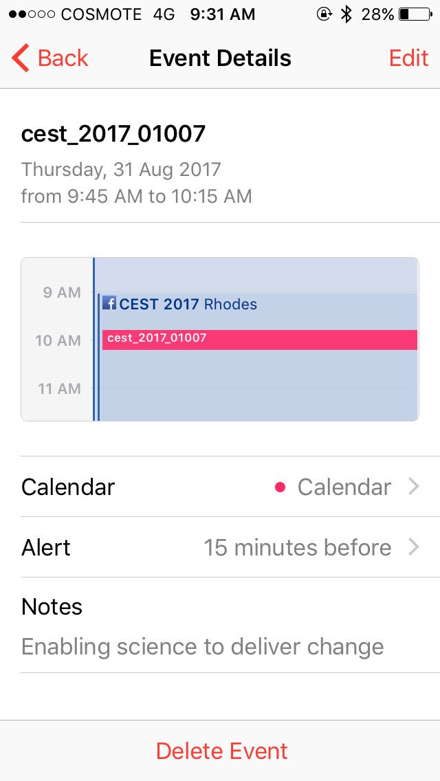 SK_Pavlos's tweet photo. Opening in 15 minutes!
Add papers to your calendar using #CEST2017 app ! And get a remind https://t.co/hPm8e6XLl6