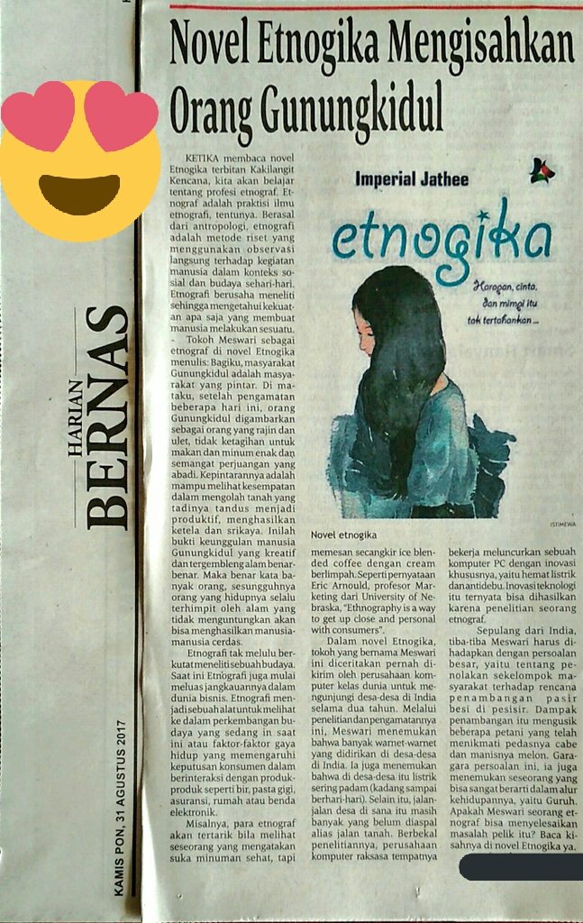 Novel #Etnogika  terbitan <a href="/KakilangitKCNA/">Kakilangit Kencana™</a>  Harian Bernas,Kamis (31/8) 😉