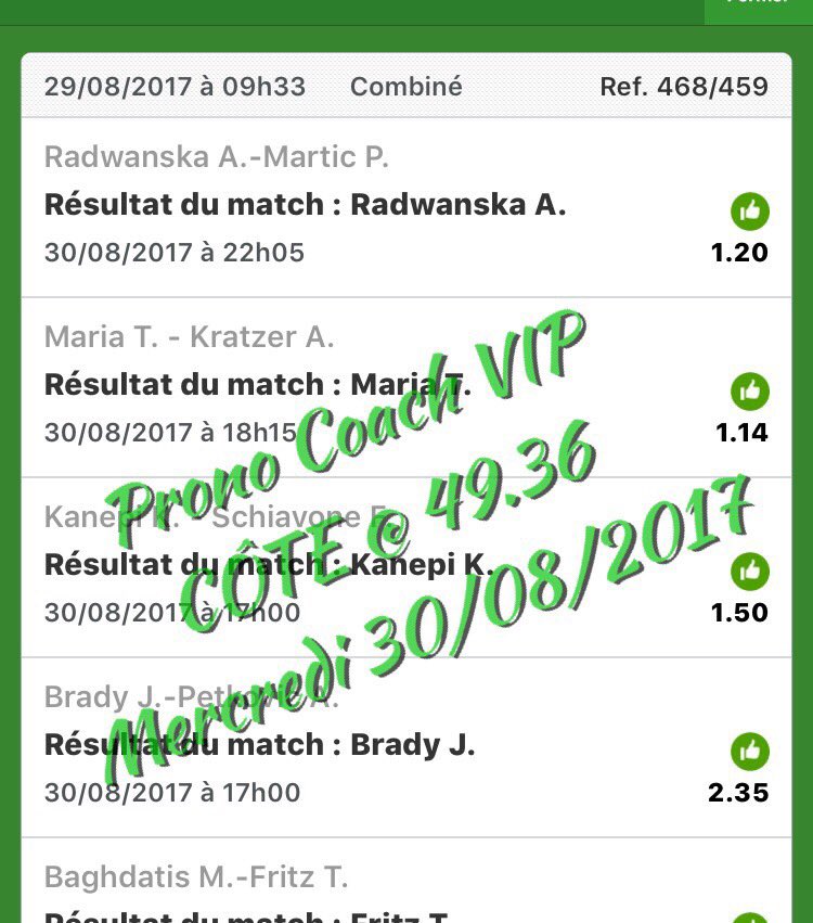 Pronocoach1's tweet image. PRONO COACH VIP

TENNIS @ 49.36 ✅

Tous nos MISSILES sont disponibles uniquement sur notre VIP

#ParionsSport #TeamParieur #MortalCombo