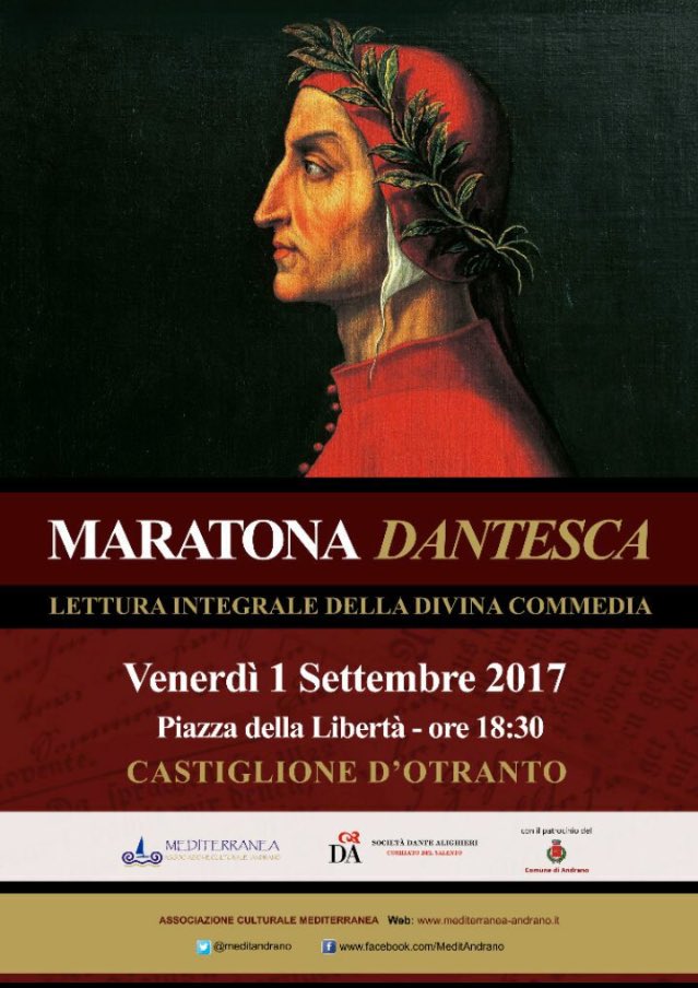 Andranoonline1's tweet photo. #MaratonaDantesca a Castiglione d'Otranto 
1 settembre dalle 18,30 
Lettura integrale della #DivinaCommedia di #DanteAlighieri
EVENTO UNICO https://t.co/pc1Hm8eD8x