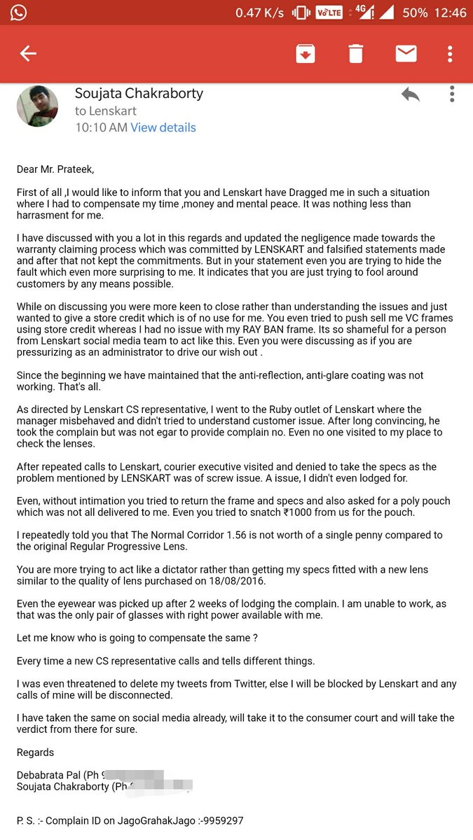 meTheRealPRINCE's tweet photo. @Lenskart_com @peyushbansal @babagolmal @UfterYou @jagograhakjago Complain lodged against Lenskart to JagoGrahakJago. Complaint ID:- 9959297. Scrnsht of mail is attached #ShamlessCEO #BoycottLenskart https://t.co/oAMDcWgTs8