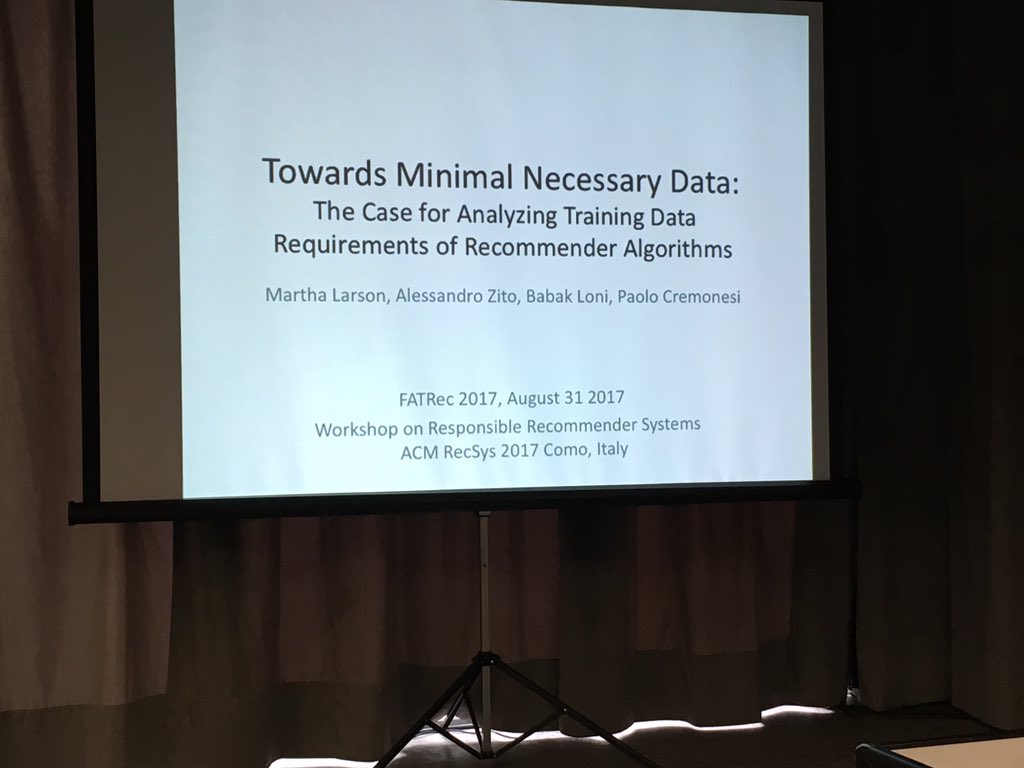 FAccTRec's tweet photo. Martha getting us started with Minimal Necessary Data. #recsys2017 #fatrec https://t.co/J7tX3MGq1V