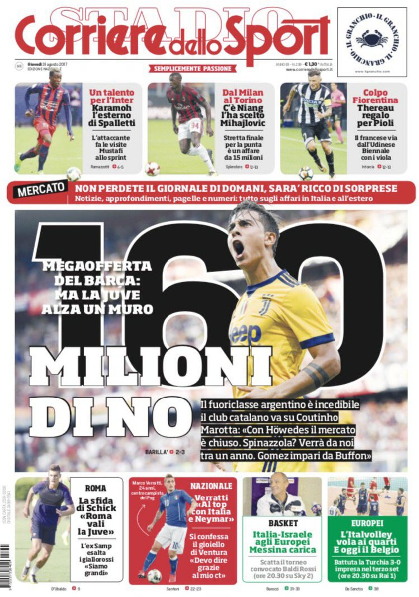 1SquadraDiCalci's tweet photo. #Buongiorno con la #RassegnaStampa di #giovedi #31agosto post #VisiteMediche #Howedes
#Calciomercato #Juventus #MegaOfferta per #Dybala π±π¨ https://t.co/gJPQ0fynZT