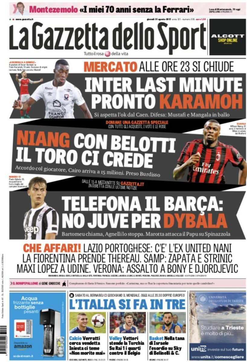 1SquadraDiCalci's tweet photo. #Buongiorno con la #RassegnaStampa di #giovedi #31agosto post #VisiteMediche #Howedes
#Calciomercato #Juventus #MegaOfferta per #Dybala π±π¨ https://t.co/gJPQ0fynZT