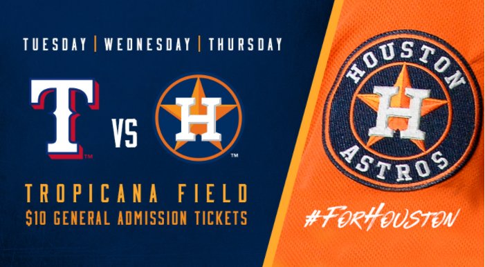 StPeteFL's tweet photo. Last day to support #HarveyReliefFund by cheering on the @Astros @ The Trop. Get your tix here. #ForHouston >>> https://t.co/NXS7eD72GT https://t.co/iMWV2xd70Q