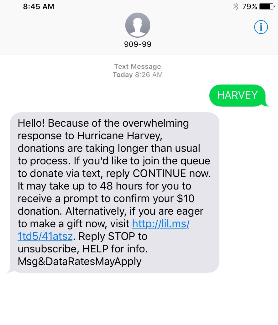 LaurenWFTS's tweet image. GUYS. How wonderful is this?? So many people are donating to help Texans there is a "line" (for donations via text) #Harvey #give @RedCross