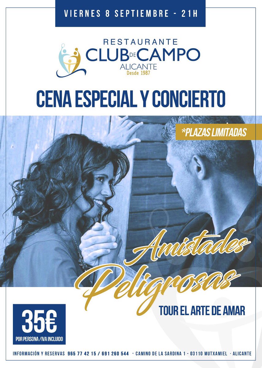 clubdecampoALC's tweet photo. Hemos preparado esta fantástica velada para ti: @AmisPeligrosas + cena. ¡Reserva ya! #conciertos #música #Alicante #ocio #CostaBlanca https://t.co/BtNMdm3lsm