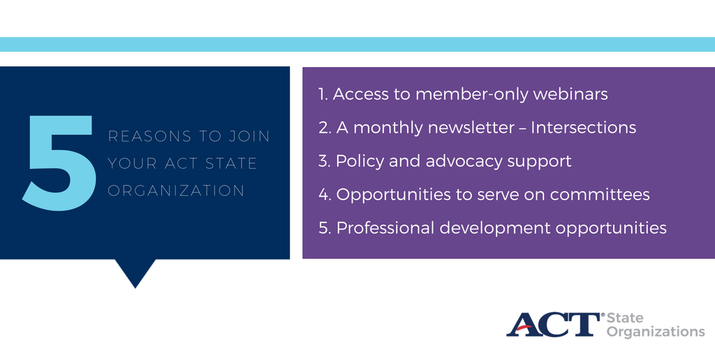 Here are the top five reasons to join your <a href="/ACT/">ACT</a> State Organization. And membership is free! Learn how to join us: bit.ly/2rTrY36