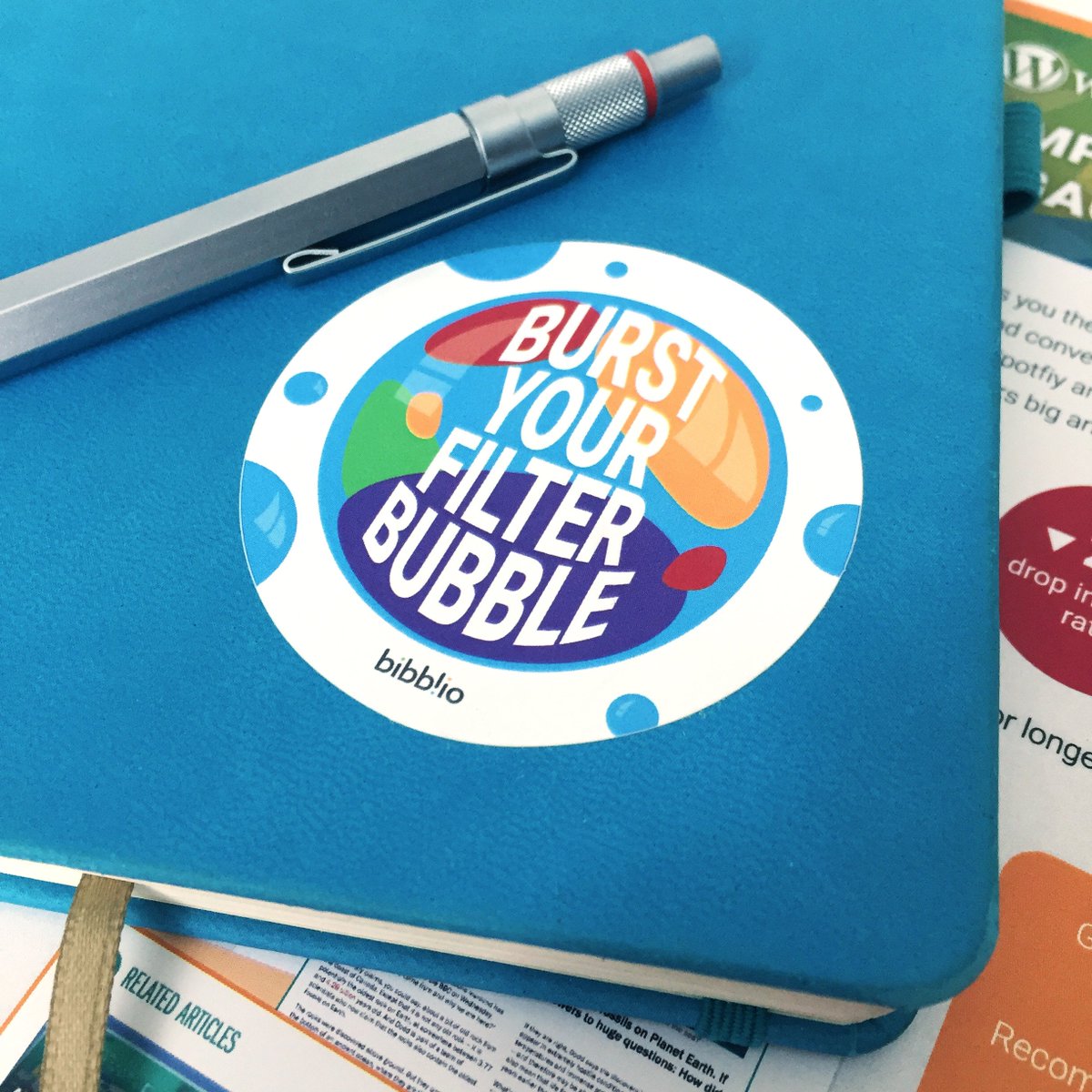 Bibblio's tweet photo. We've got new stickers and they're popping up everywhere! #BurstYourFilterBubble #TimeWellSpent #AttentionEconomy #InfinitelyContent #recsys https://t.co/Hoz5JkCImZ