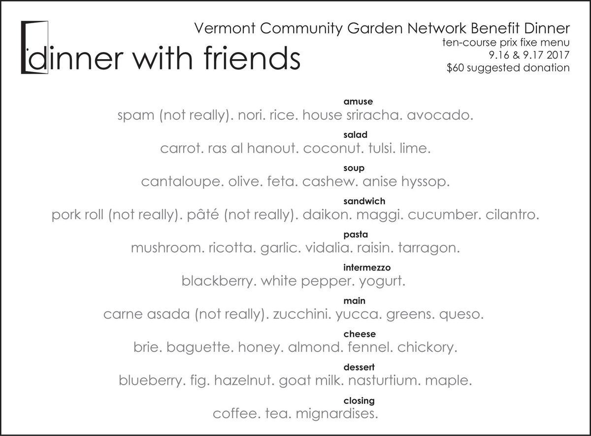 VTGardenNetwork's tweet photo. Glorious garden-inspired menu for Monkton #DinnerWithFriends! Limited tix: https://t.co/WZbADv5PgB #GrowingTogetherVT #RootedinVermont #yum! https://t.co/PD78cUg9h9