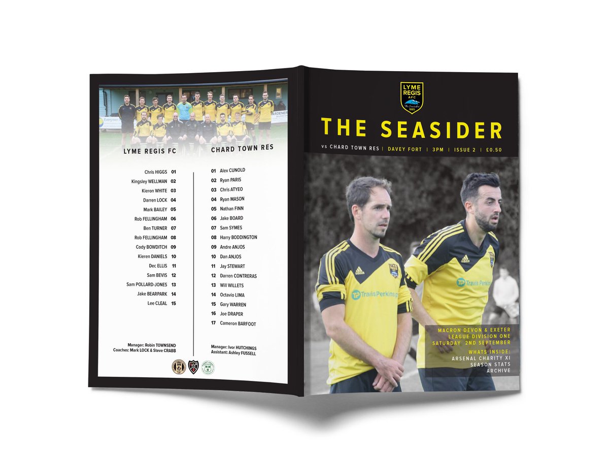 etchdcreative's tweet photo. Here it is Issue 2 of the brand new @LymeRegisFC programme, this week features a double page on @AFC_Foundation charity game @GoonersinLyme https://t.co/MMlxTp8xgi