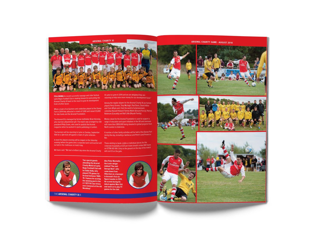 etchdcreative's tweet photo. Here it is Issue 2 of the brand new @LymeRegisFC programme, this week features a double page on @AFC_Foundation charity game @GoonersinLyme https://t.co/MMlxTp8xgi