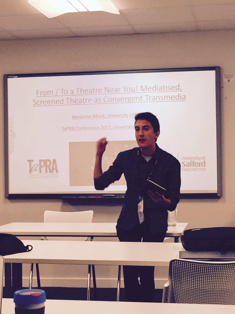LiamJarvis's tweet photo. Benjamin Monk discusses NT Live in relation to Henry Jenkins' notion of 'world building' &amp; 'cataloging' #TaPRA2017 #TaPRA2017Tech https://t.co/E1qbnO2Gri