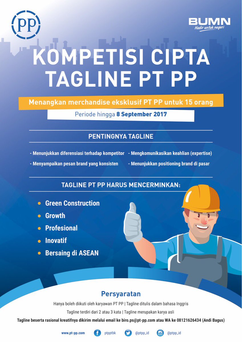 Kompetisi Cipta Tagline PTPP! Yuk berpartisipasi dalam kompetisi cipta tagline PTPP. Dan menangkan merchandise eksklusif untuk 15 orang. 🌟🌟🌟