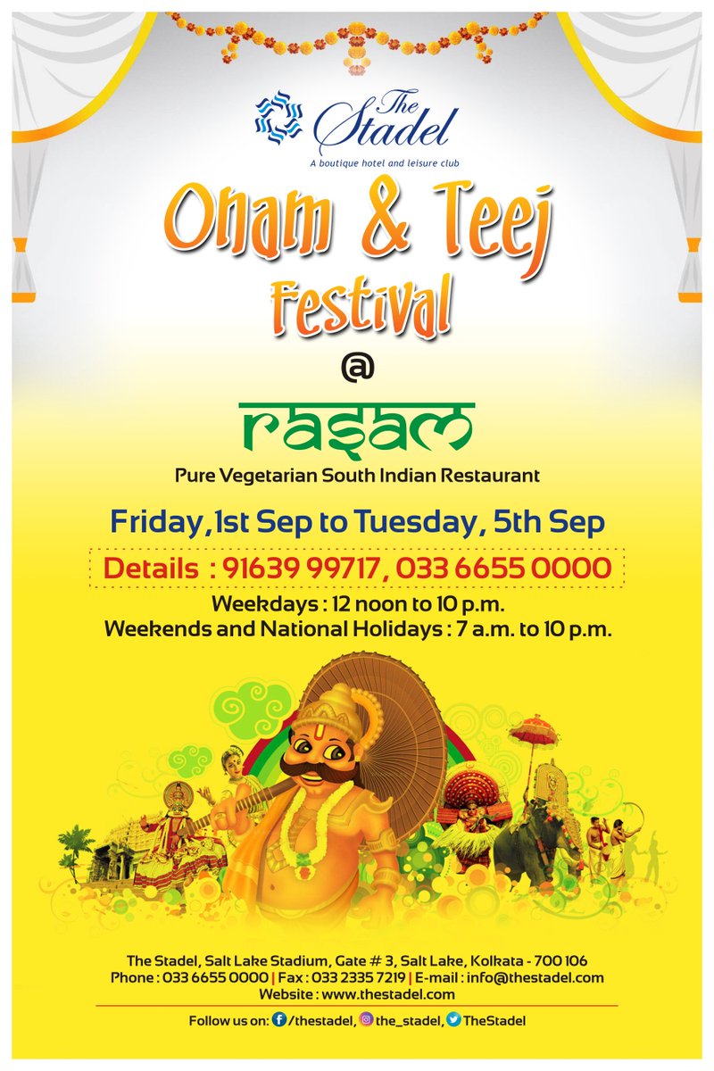 We are celebrating Onam and Teej at #Rasam. Checkout our exciting specials menu from 1st to 5th September 2017.

#Rasam #Stadel #FestiveMenu