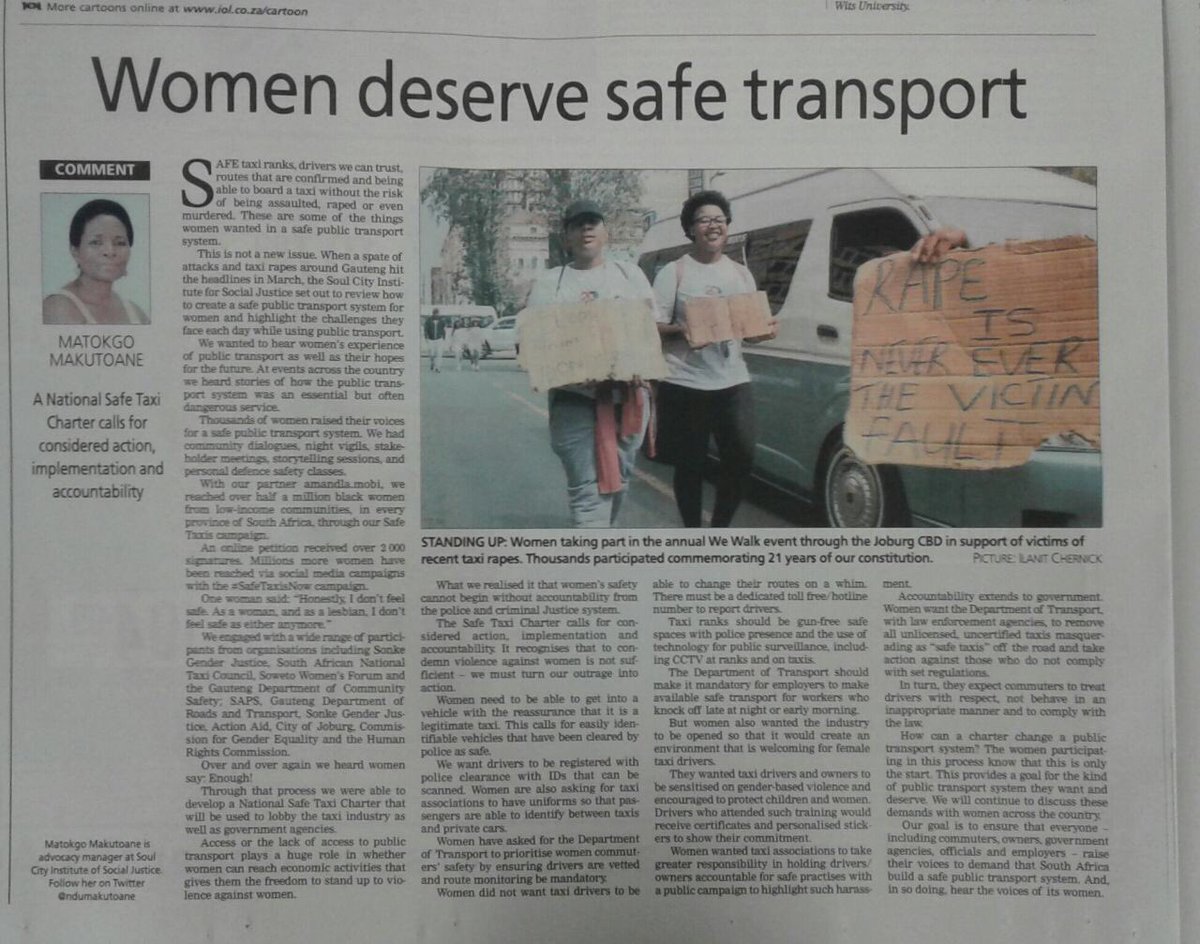 SoulCity_SA's tweet photo. The Star today written by our advocacy manager @nduMakutoane #SafeTaxisNow https://t.co/aBX7AP1CfZ