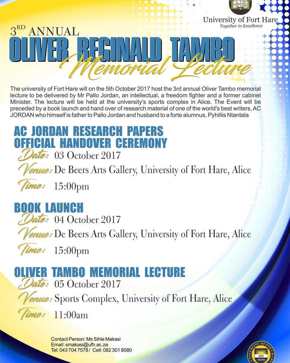 ufh1916's tweet photo. UFH invites you in the event series below in honour of our Former Chancellor: ORT.
#UFH1916
#ORT100
@Dispatch_DD @sakhelab @VosterMuchenje https://t.co/AhG5P25Egj