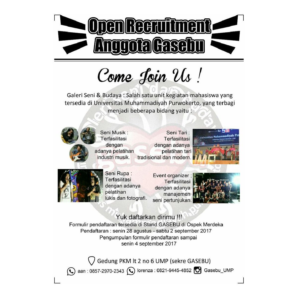 Open Recruitment Anggota GASEBU 2017 diperpanjang sampai tanggal 4 september 2017 yaa 🙆
