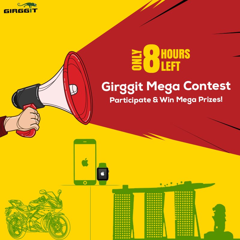 girggit's tweet photo. #GirggitMegaContest Only 8 hours left!! Win an iPhone 7+ or a Yamaha R15 or a trip to Singapore. Hurry!! Enter now- https://t.co/0rFRdp853f https://t.co/NqKuGZIgyN
