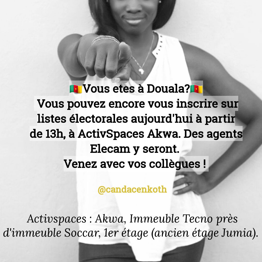 ActivSpaces's tweet photo. Pas encore inscrit sur les listes électorales? Rends-toi à @ActivSpaces dès 13h pour le faire. Ne vient pas seul.
#ElectionCamerounaise https://t.co/MgECD9NmmA