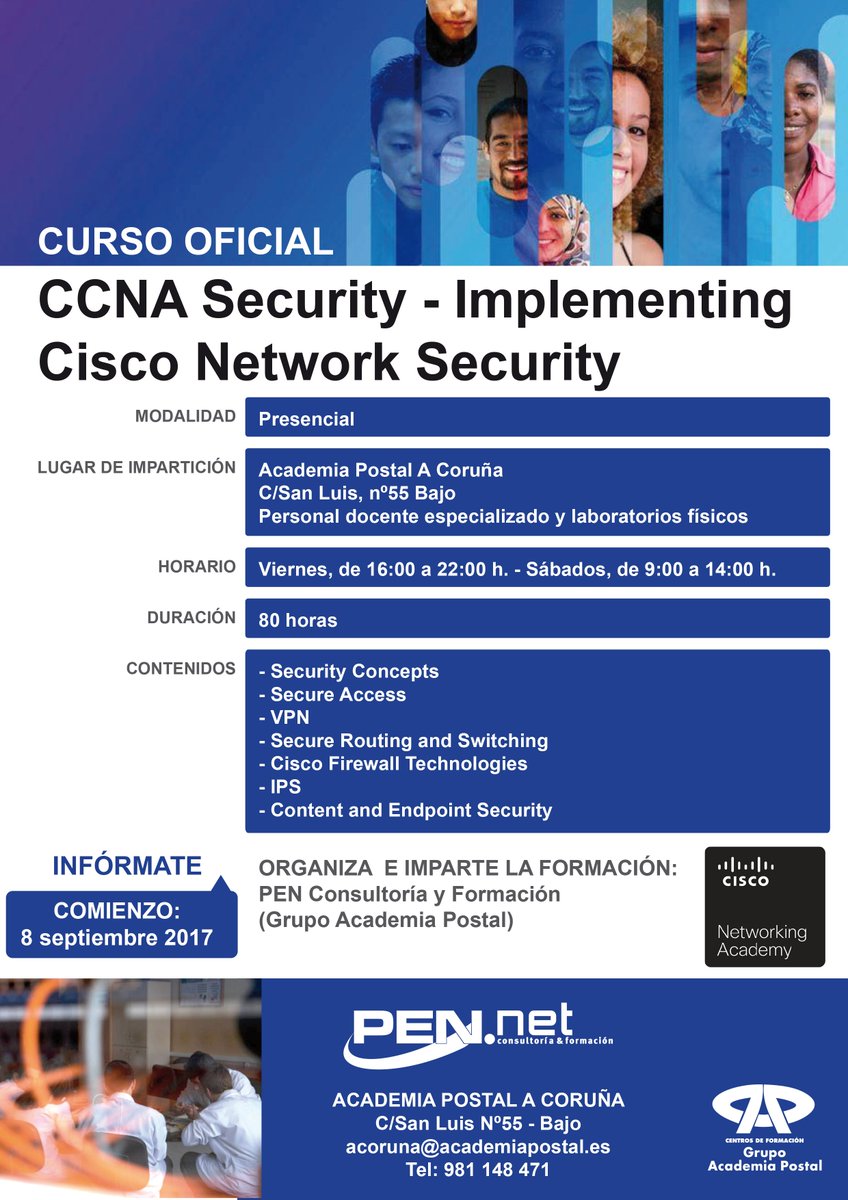 AcademiaPostal's tweet photo. CENTRO A CORUÑA:Prepárate para las nuevas demandas en seguridad informática, Cisco CCNA Security.
info: 981148471/ acoruna@academiapostal.es https://t.co/HImE0MK2s9