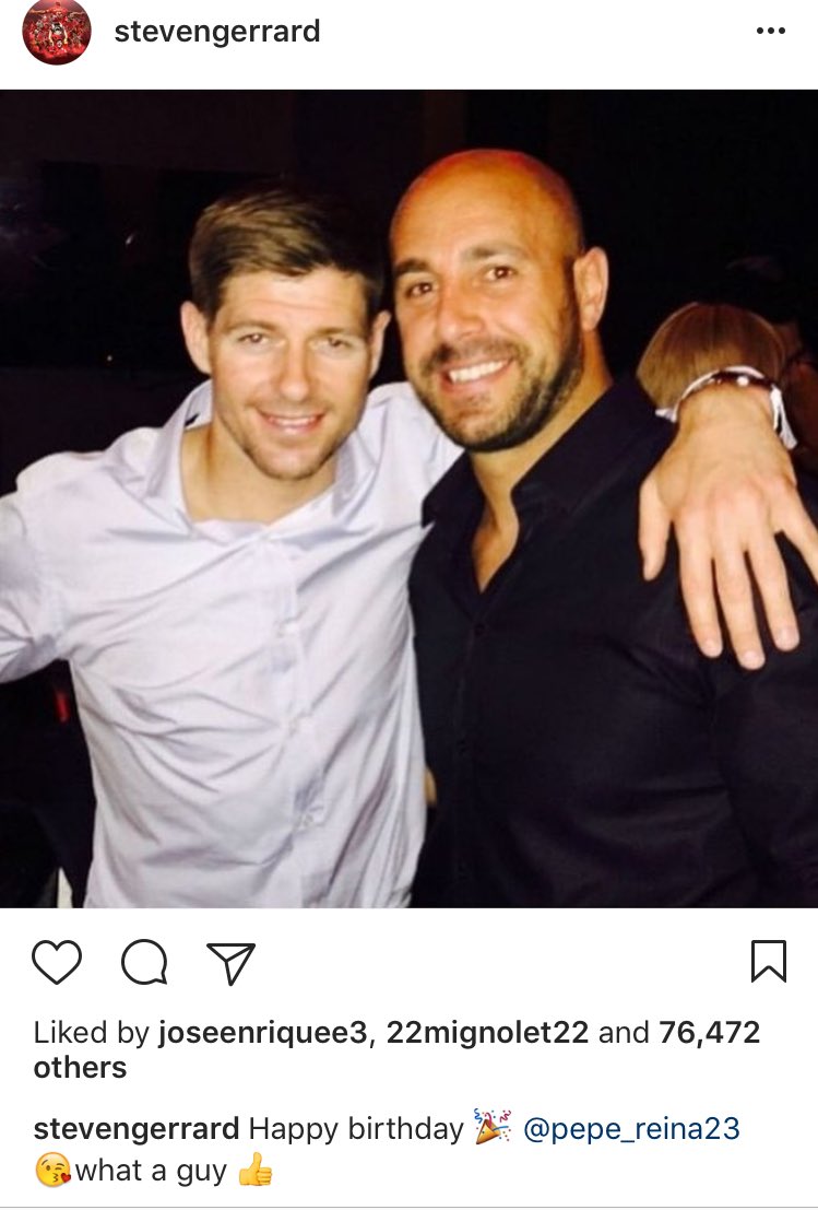 LFCFansCorner: Gerrard on Instagram, saying happy birthday to Pepe Reina! 