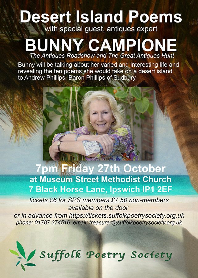 BBC Antiques expert Bunny Campione Desert Island Poems Museum Street Methodist Church  IP1 2EF 7pm Fri 27th Oct <a href="/IpswichSpy/">IpswichSpy.com</a> <a href="/JournoJon/">Jon Wright</a>