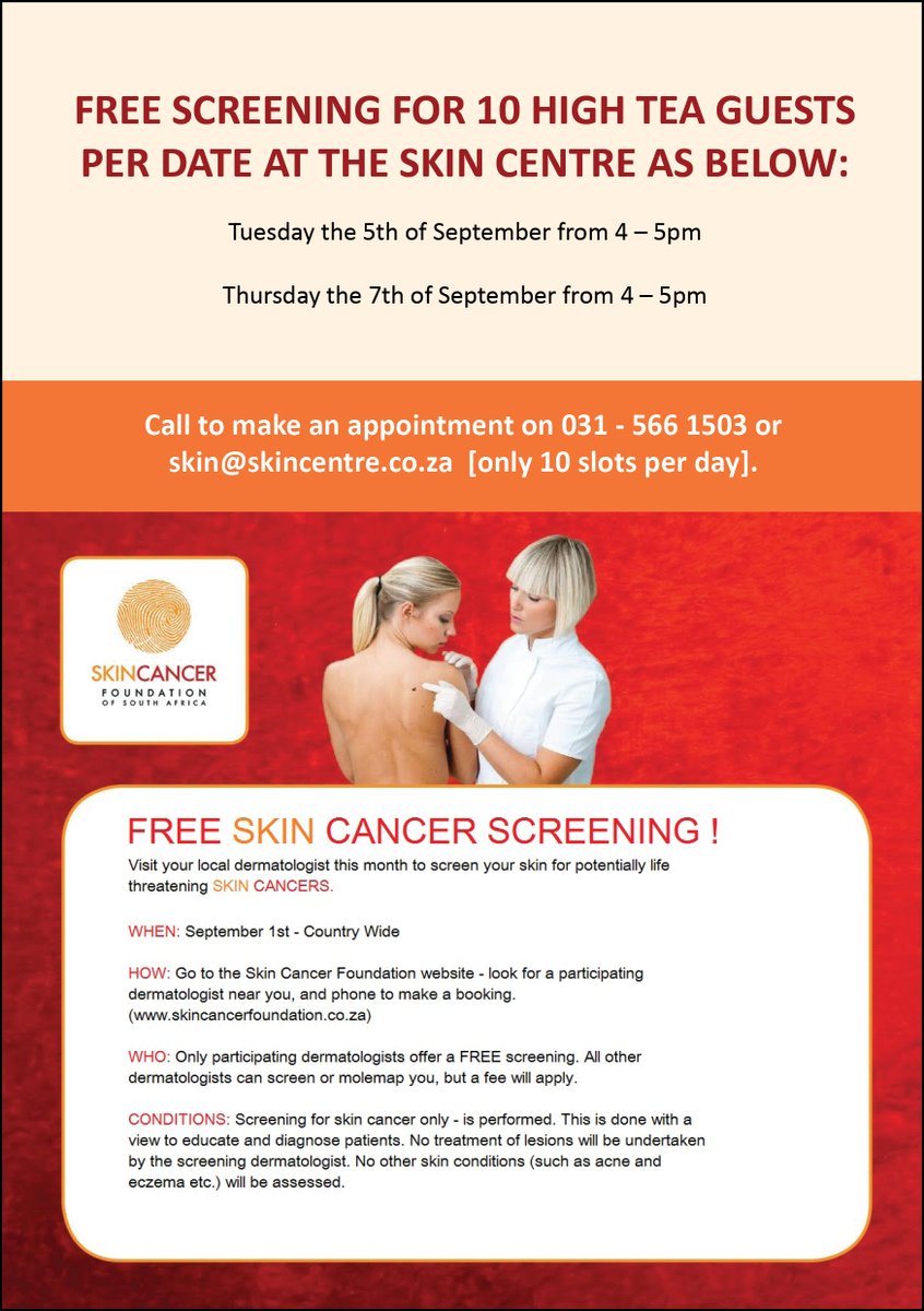 MNAPR1's tweet photo. Get your free skin cancer screening brought to by the Skin Cancer Foundation of South Africa. Read more: https://t.co/poYQy357L8 https://t.co/3injQalJVW