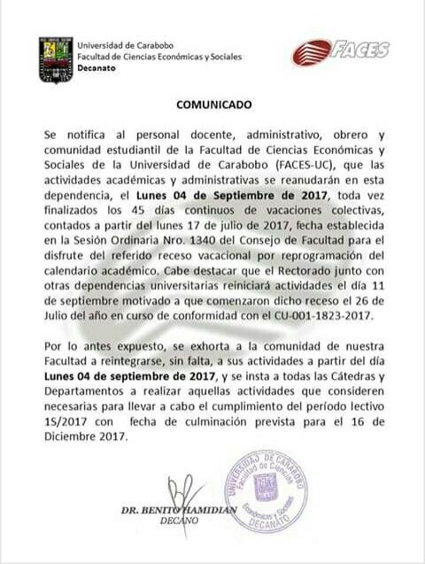 El llamado a clases en FACES para el 4-09 #SoyUC #Soy57