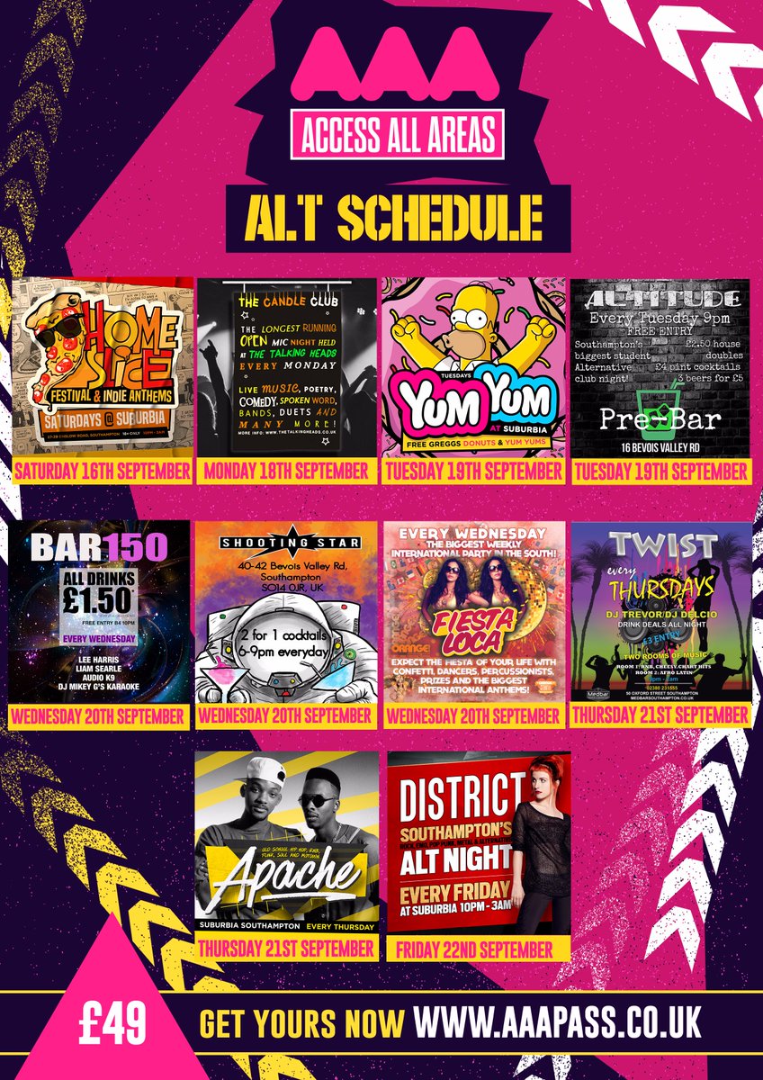 Solentfresher17's tweet photo. Not a fan of the main AAA Schedule? Check out our Alternative event listings! 

• FREE With AAA Pass

More info: https://t.co/AcfqlPtlZx https://t.co/b5gmhE7TQs