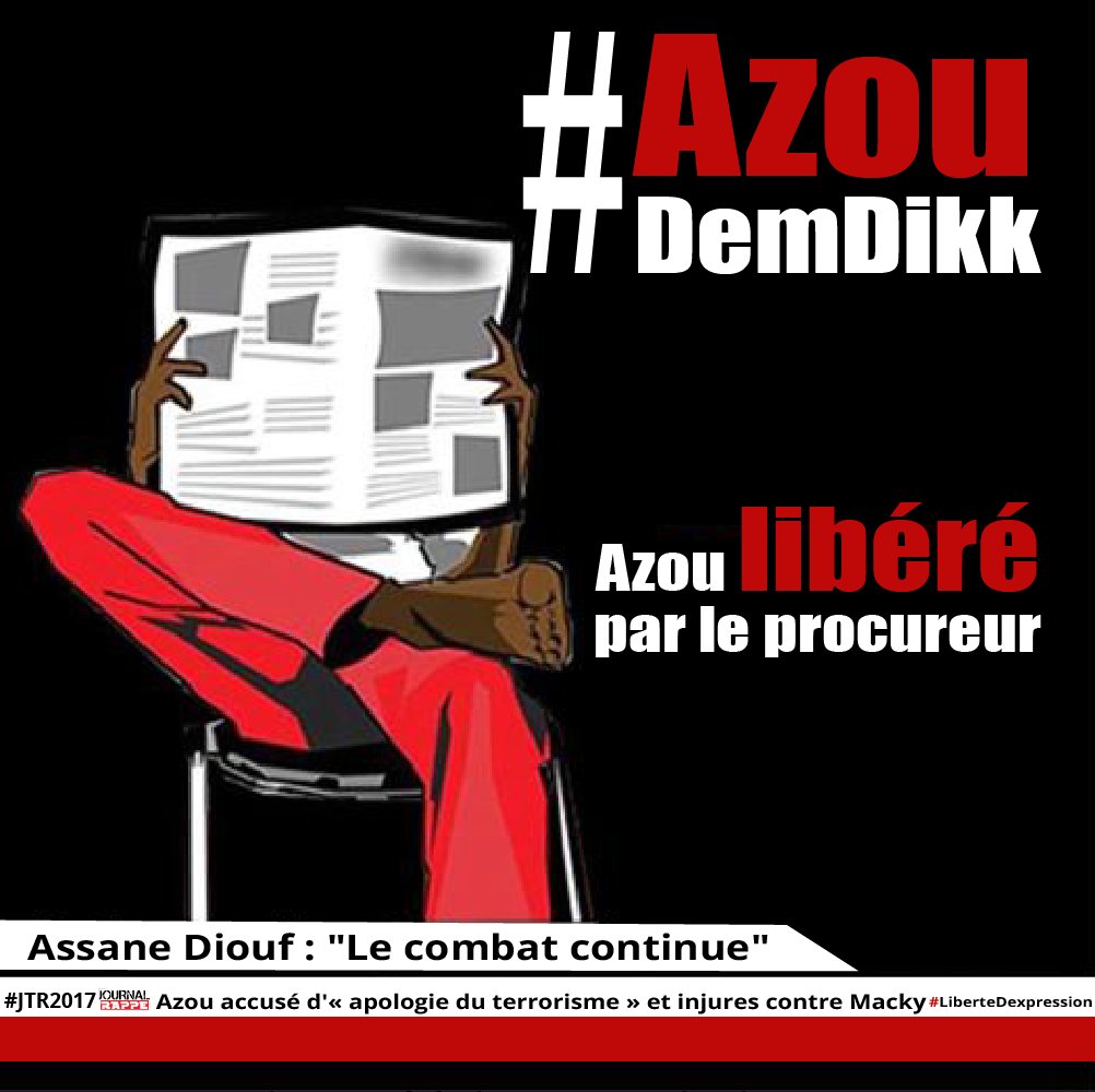 jtronline's tweet photo. #AzouDemDikk: Azou libéré par le procureur!
"Le combat continue...".
#AssaneDiouf #Dakar #Partazélenn #JournalRappe #Team221 #Kebetu #JTR https://t.co/vRQV3z5vcW
