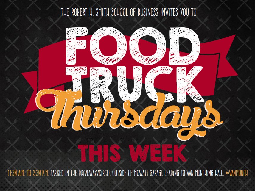 UMDSmithGrad's tweet photo. #SmithTerps - Food Truck Thursdays is TODAY! Stop by #VanMunch for lunch. https://t.co/KrQ1vJyvsl @honeysempanadas  @swizzlerfoods #UMD https://t.co/Is22vKx9xZ