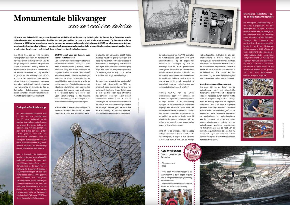 radiotelescoop's tweet image. Mooie reportage over de radiotelescoop in de 'Open Monumentendag Glossy' van @ErfgoedWveld: issuu.com/commvorm/docs/…