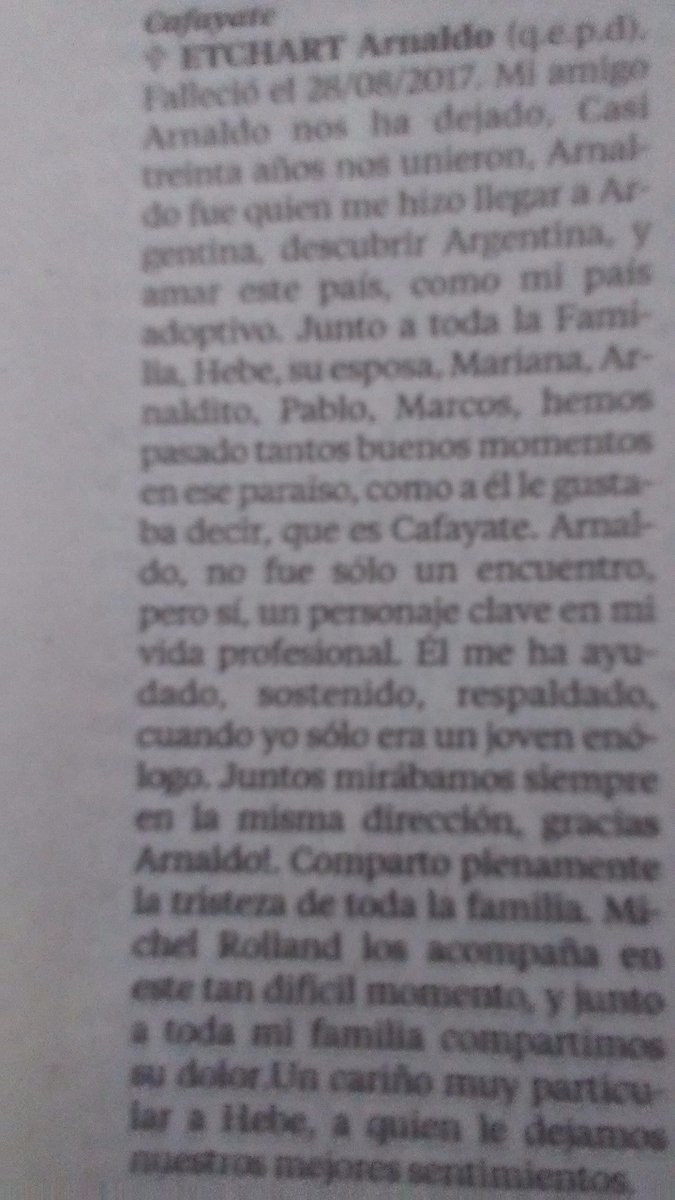 nicocornejoc's tweet photo. Sentida esquela de @MichelRollandFr al Señor de los vinos en Cafayate #Arnaldo Etchart.. https://t.co/ROMdhsv1j4