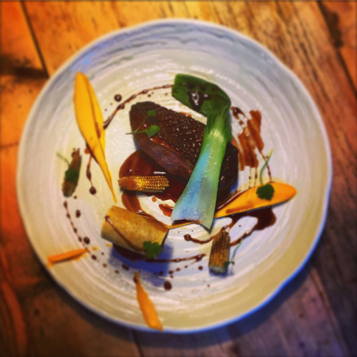 glazebrookhouse's tweet photo. Feast your eyes upon our new dish - Maple and Soy glazed duck breast, hoisin leg spring roll, sweet potato fondant, baby corn &amp; pakchoi https://t.co/MyU1Mvuf8K